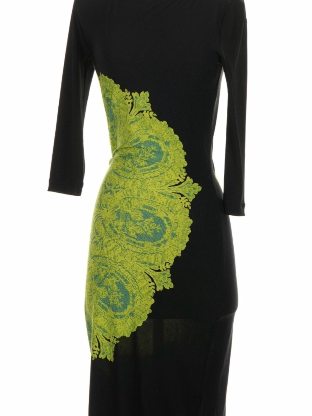 BCBGMaxAzria Black Long-Sleeve Dress with Lime Green Baroque Print
